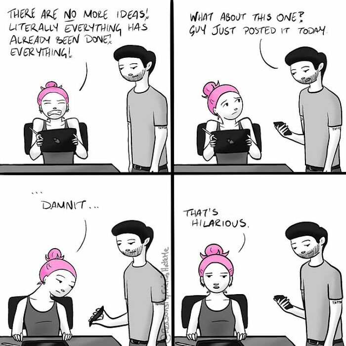 Comic strip showing everyday awkwardness with two characters, highlighting humor in self-deprecating comics by Aylia Colwell.