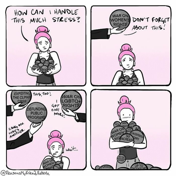 Cartoon of a stressed woman holding balls labeled with social issues, illustrating self-deprecating comics about everyday awkwardness.