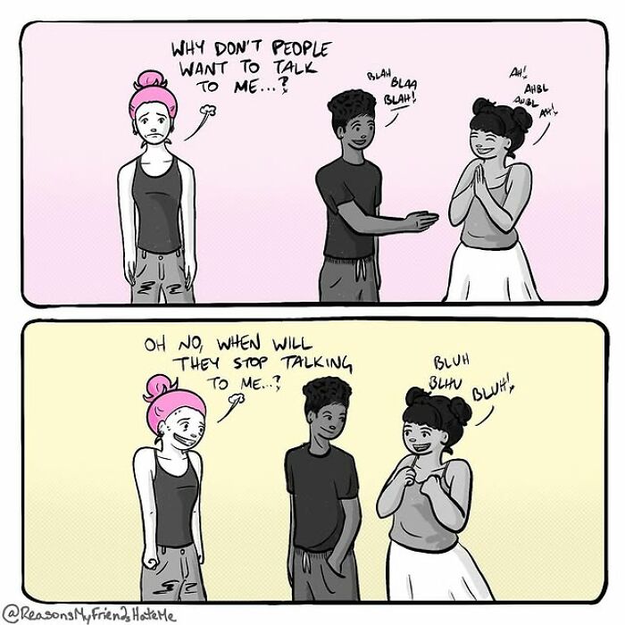 Comic showing a character wondering why friends hate them in a hilariously relatable social situation.