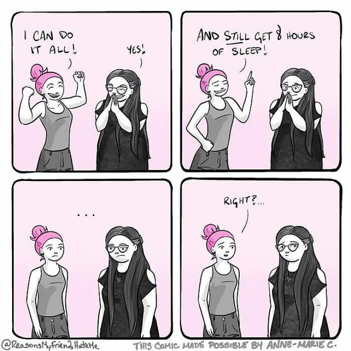 Two women in a relatable comic by Aylia Colwell humorously discuss doing it all and still getting 8 hours of sleep.