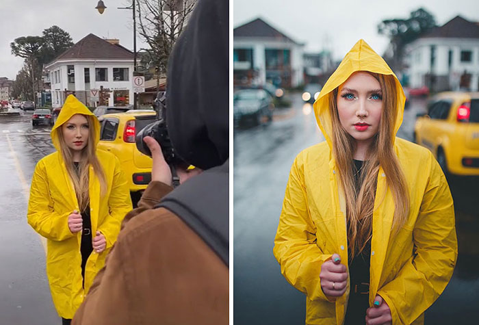 Photographer capturing behind the scenes of a model in a yellow raincoat posing on a rainy street with blurred background.