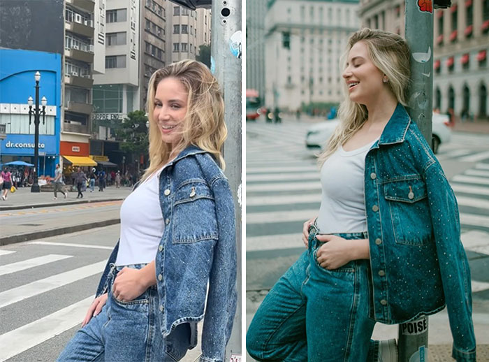 Side-by-side photos of a woman posing casually on city streets, showing a glimpse of photographer’s behind the scenes work.