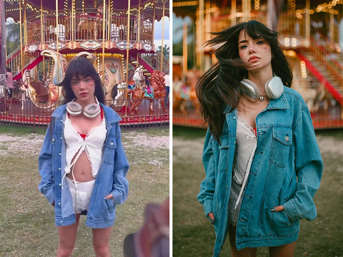 Young woman posing behind the scenes at a colorful carousel, showcasing photography moments and setups outdoors.