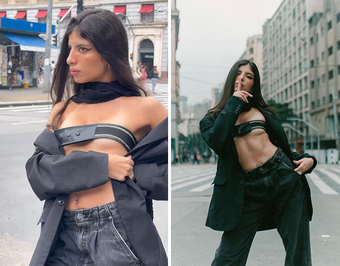 Model posing on city streets in behind the scenes photo session showing photographer’s creative work process