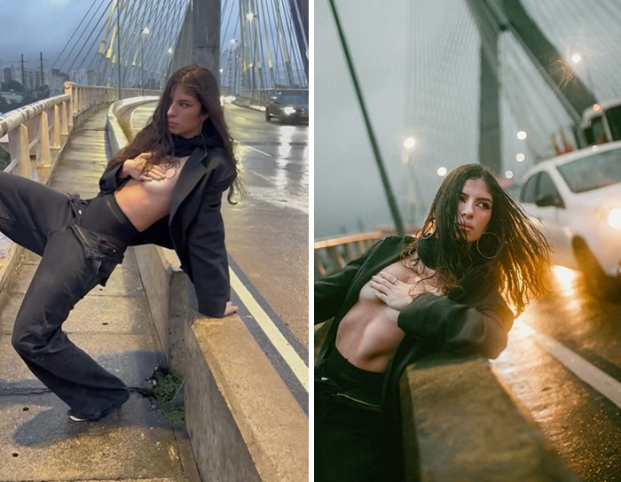 Model posing on a bridge at night during a behind the scenes photoshoot by the photographer capturing unique moments.