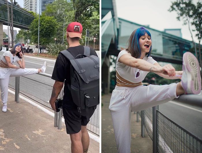 Photographer capturing behind the scenes of a woman stretching her leg on a railing during an urban photo shoot.