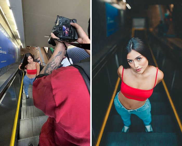 Photographer capturing behind the scenes photo of woman in red top on an escalator in an urban setting.