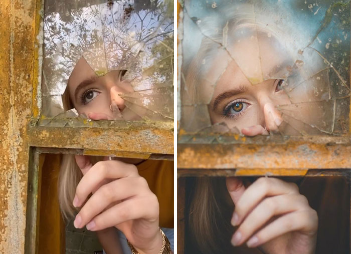 Photographer capturing a model behind broken glass showcasing creative behind the scenes photography moments.