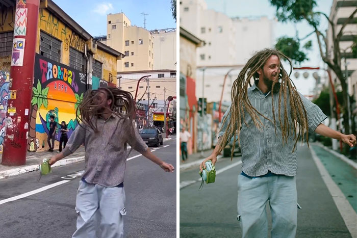 Photographer captures behind the scenes moments of a man with long dreadlocks dancing on city streets.