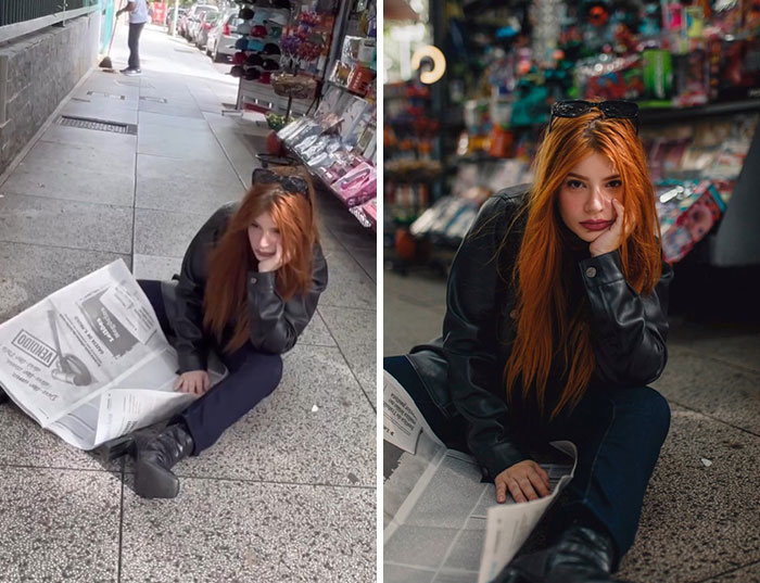 Photographer shows behind the scenes of street photoshoot with model sitting on sidewalk holding a newspaper.
