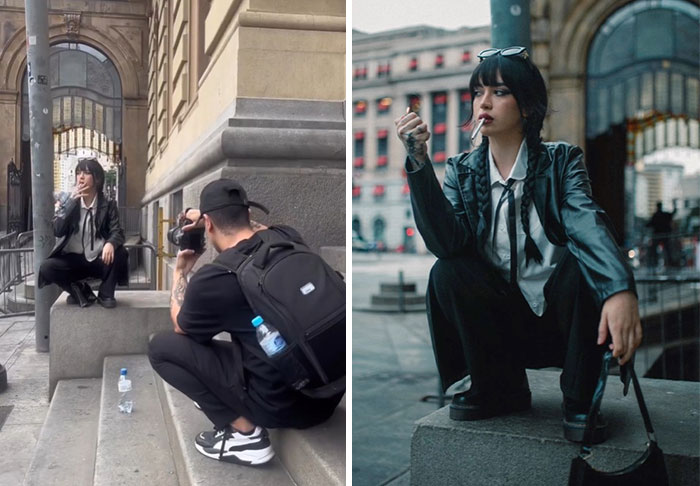 Photographer capturing behind the scenes of an urban photoshoot with a model posing on concrete steps outdoors.