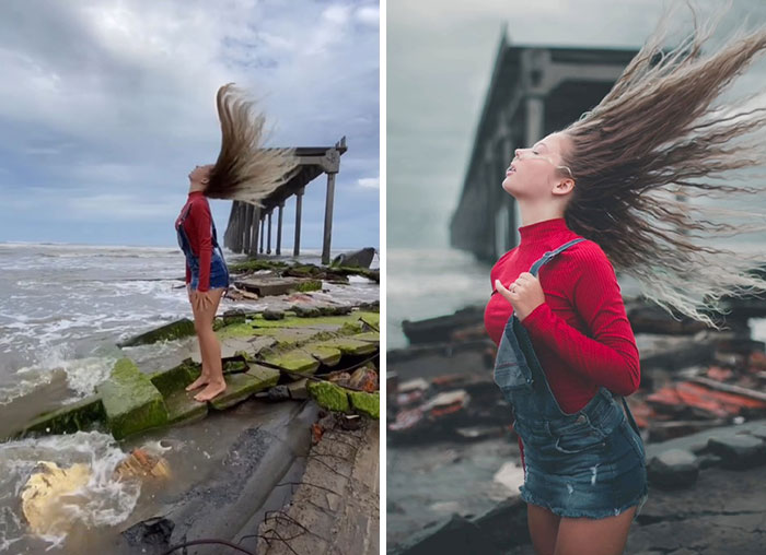 Photographer captures behind the scenes of a woman flipping her hair outdoors near an old pier and rocky shore.