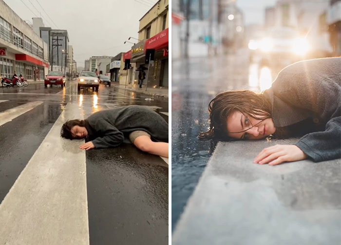 Photographer’s behind the scenes shoot on a rainy street showing creative urban portrait photography in wet conditions.