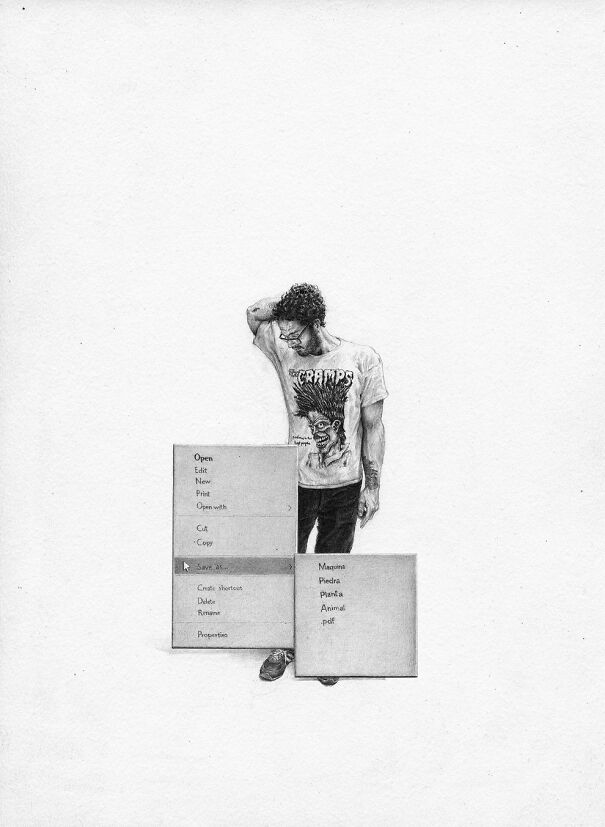 Graphite drawing of a young man with a puzzled expression, partially obscured by digital menu windows in a surreal style.