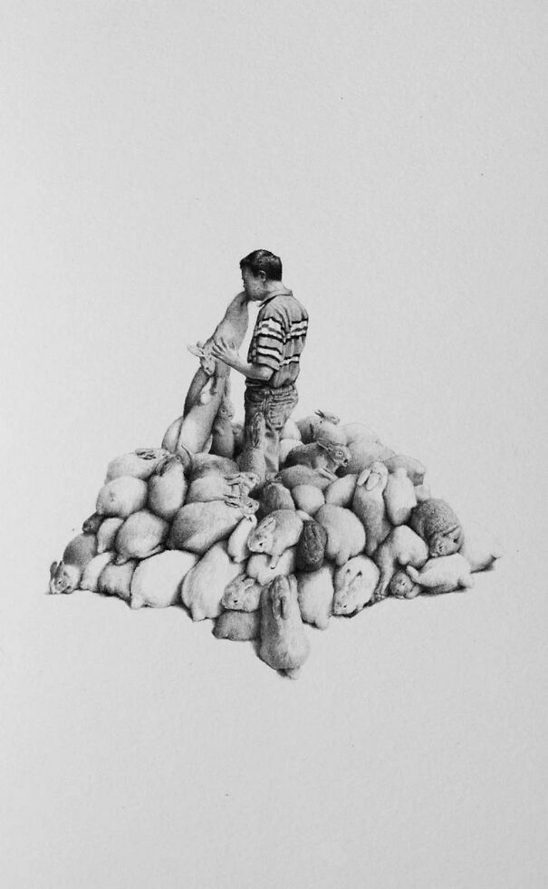 Man standing on a heap of rabbits in a detailed graphite drawing that turns the familiar into something unsettling.