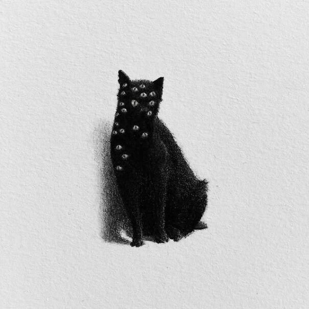 Graphite drawing of a black cat with multiple eyes, creating a deeply unsettling and familiar figure.