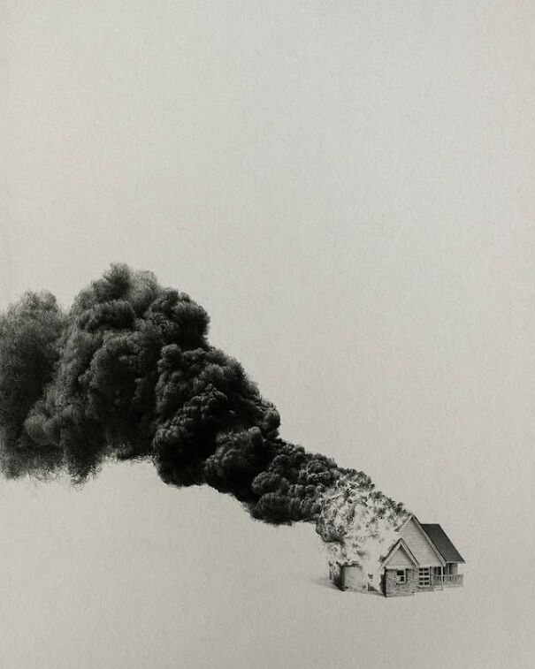 Graphite drawing of a house on fire with thick dark smoke, creating a deeply unsettling and eerie atmosphere.