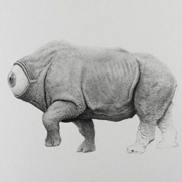 Graphite drawing of a surreal creature with a human eye and animal body, creating a deeply unsettling effect.