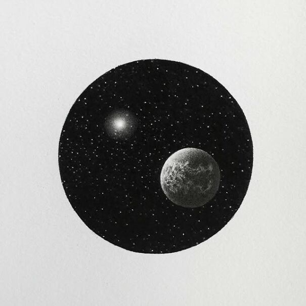 Graphite drawing of a detailed moon and star against a black starry sky, showcasing unsettling familiar space imagery.