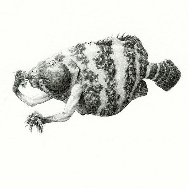 Graphite drawing of a fish with human-like arms, transforming a familiar creature into something deeply unsettling.