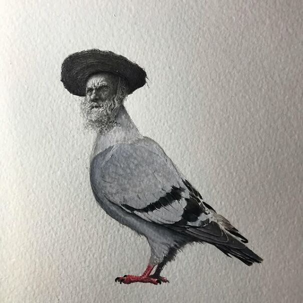 Graphite drawing of a pigeon with a surreal human face and hat, blending familiar and deeply unsettling elements.