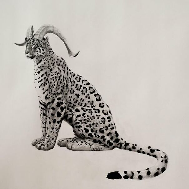 Graphite drawing of a spotted animal with curved horns, blending familiar wildlife elements into an unsettling form.