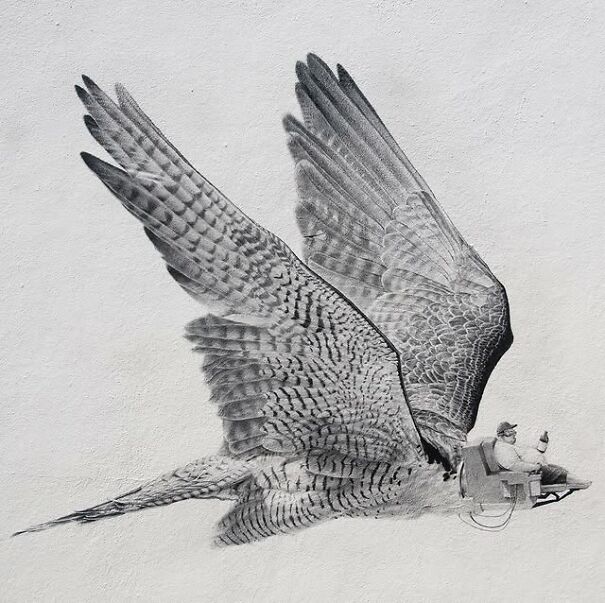 Graphite drawing of a large bird with detailed wings carrying a small seated figure, blending familiar elements into something unsettling.