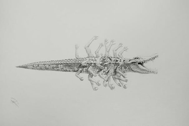 Graphite drawing of a crocodile with multiple overlapping limbs, creating a deeply unsettling and surreal effect.