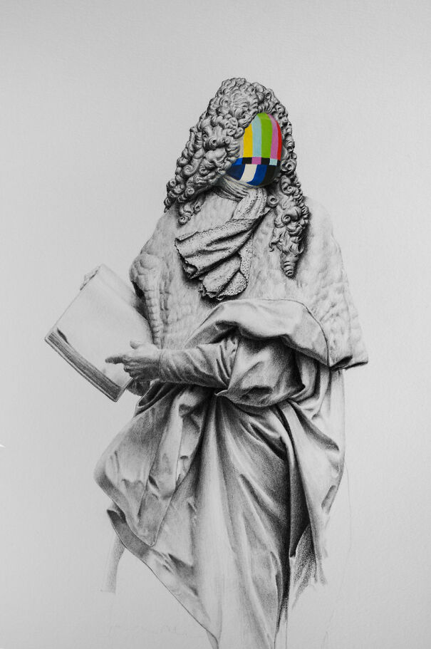 Graphite drawing of a classical statue with a colorful TV test pattern replacing the face, creating an unsettling effect.