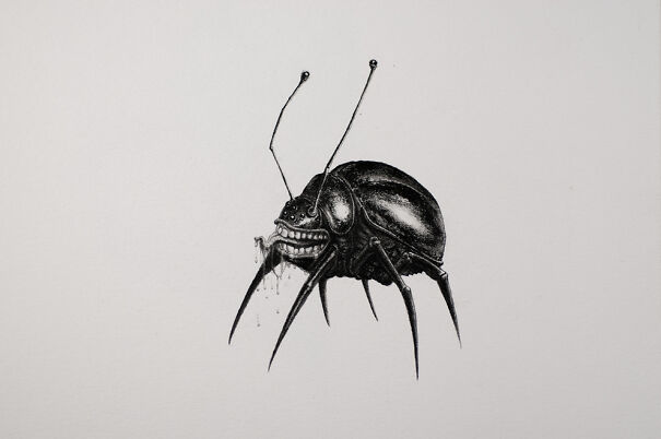 Unsettling graphite drawing of a bug with spider legs and a smiling human mouth on a white background