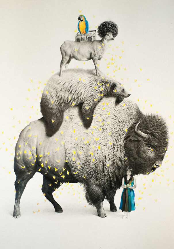 Graphite drawing of surreal animals stacked with a girl holding a bird, surrounded by glowing yellow butterflies in a haunting scene.