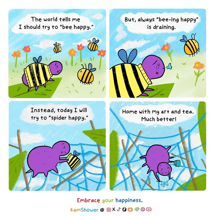 Lighthearted animal comic featuring a purple spider and bees about finding humor and happiness.