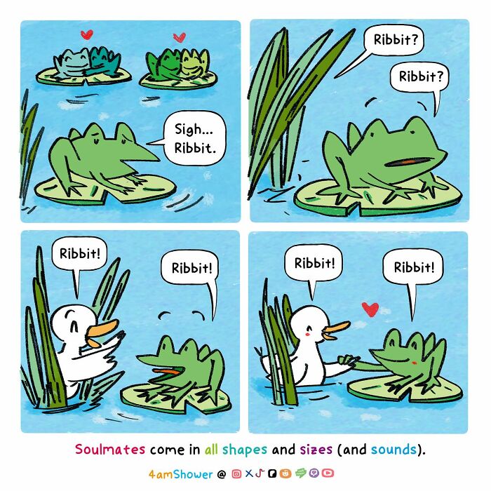 Lighthearted animal comics show frogs and a duck sharing joyful moments on lily pads in a colorful pond scene.
