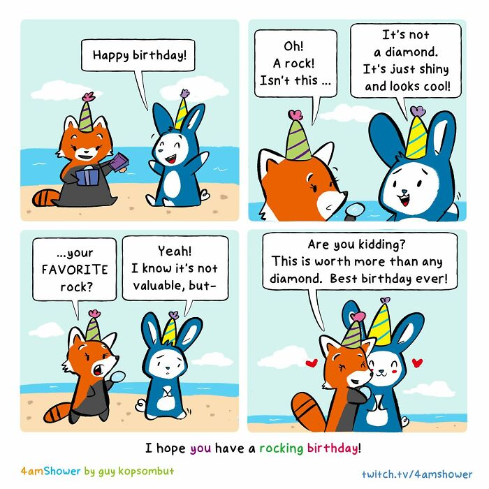 Lighthearted animal comic of a fox and rabbit celebrating a birthday with a heartfelt gift on the beach.