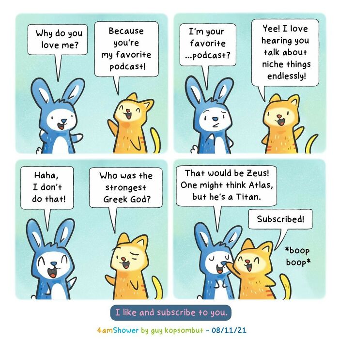 Lighthearted animal comic featuring a rabbit and cat discussing podcasts and Greek gods to bring smiles.