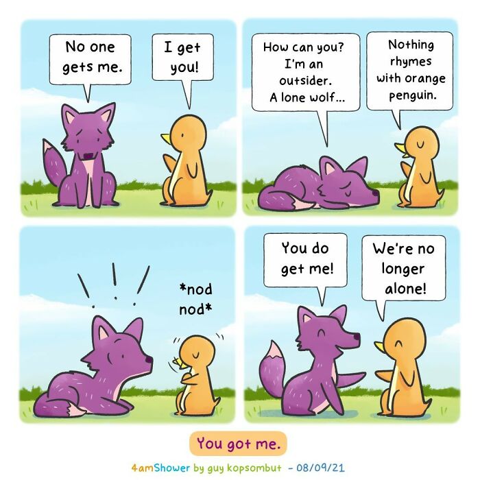 Comic strip featuring lighthearted animal characters, a purple wolf and orange penguin, sharing friendly dialogue and smiles.