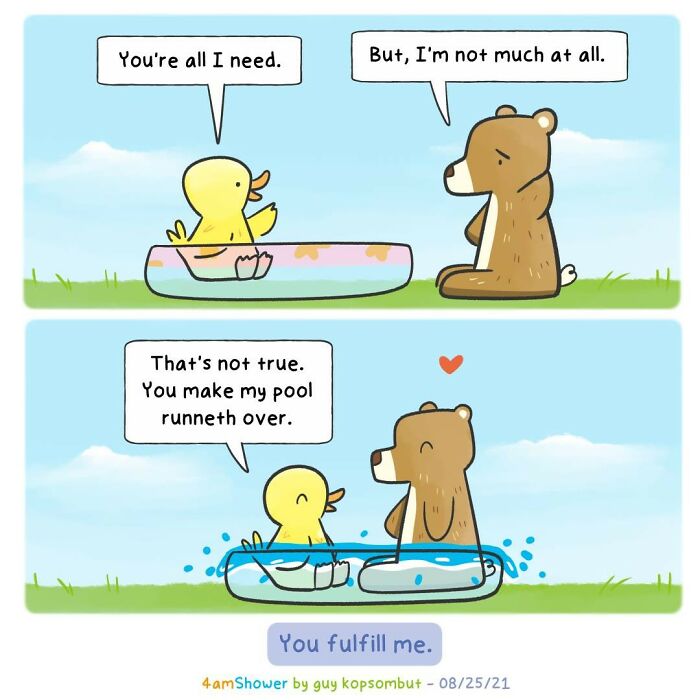 Duck and bear in a lighthearted animal comic sharing a heartfelt moment about friendship and smiles.
