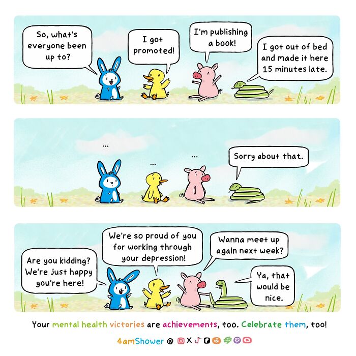 Lighthearted animal comic showing friends supporting mental health victories and celebrating achievements together.