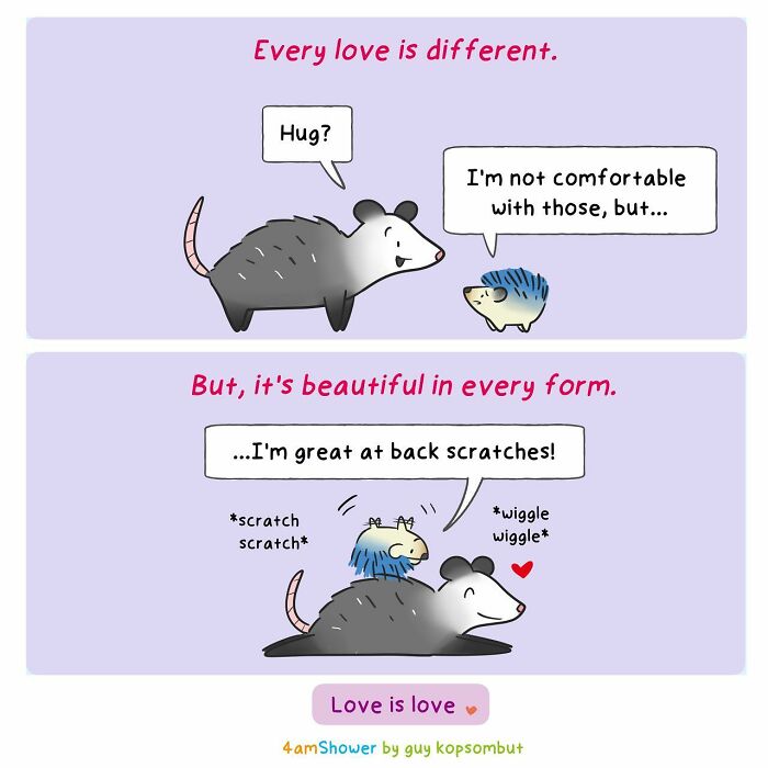 Lighthearted animal comics showing an opossum and hedgehog sharing affection with back scratches and hugs.