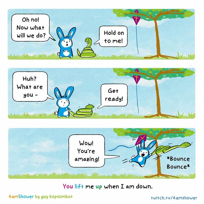 Cute animal comic featuring a rabbit and snake with lighthearted scenes and positive messages about lifting others up.