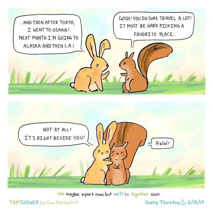 Lighthearted animal comic of a rabbit and squirrel sharing a heartwarming moment about travel and friendship.