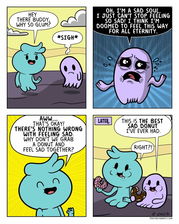 Comic featuring a ghost named Oliver comforting another ghost and sharing donuts in the afterlife.