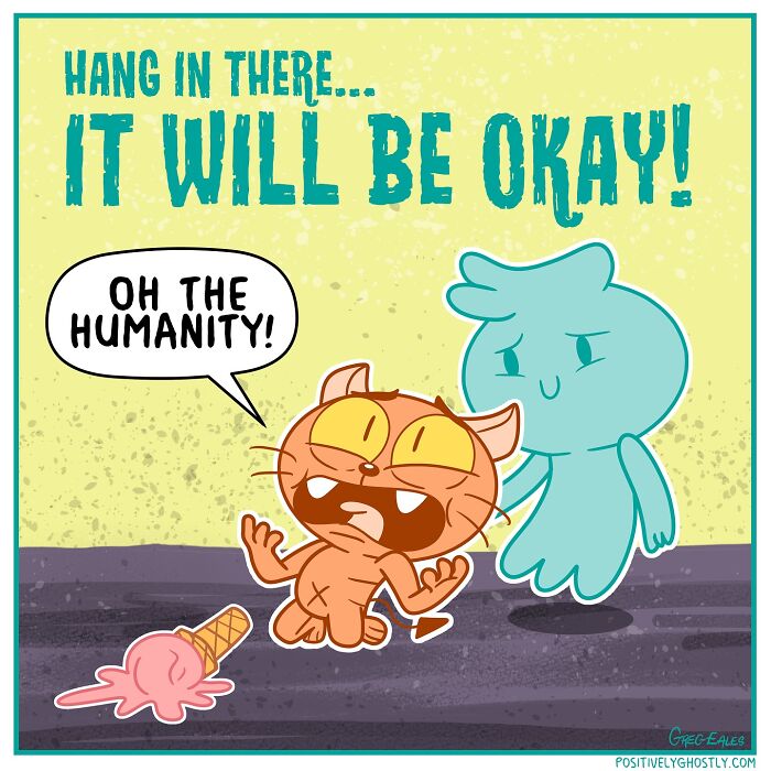Comic featuring a ghost named Oliver comforting a distressed cat with a spilled ice cream, helping others in the afterlife.