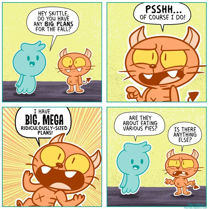 Comic panels showing a ghost named Oliver talking with a small devil cat about big fall plans in an afterlife setting.