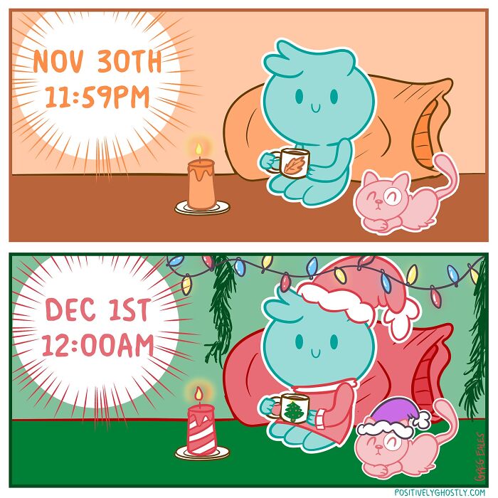 Comic panels showing a ghost named Oliver and a pink cat celebrating the change from November 30th to December 1st.