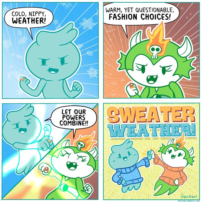 Comic panels featuring a ghost named Oliver combining powers with a fiery character, illustrating sweater weather in a colorful style.