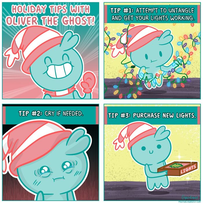 Comic panels featuring Oliver the ghost giving holiday tips, helping others with festive lights and emotions.