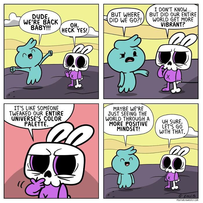 Comic panels featuring a ghost named Oliver helping others, discussing changes in the universe’s color palette and mindset.
