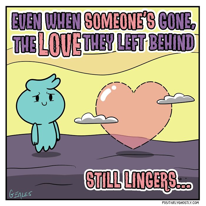 Comic panel featuring a ghost named Oliver with a heart, depicting love that still lingers in the afterlife.