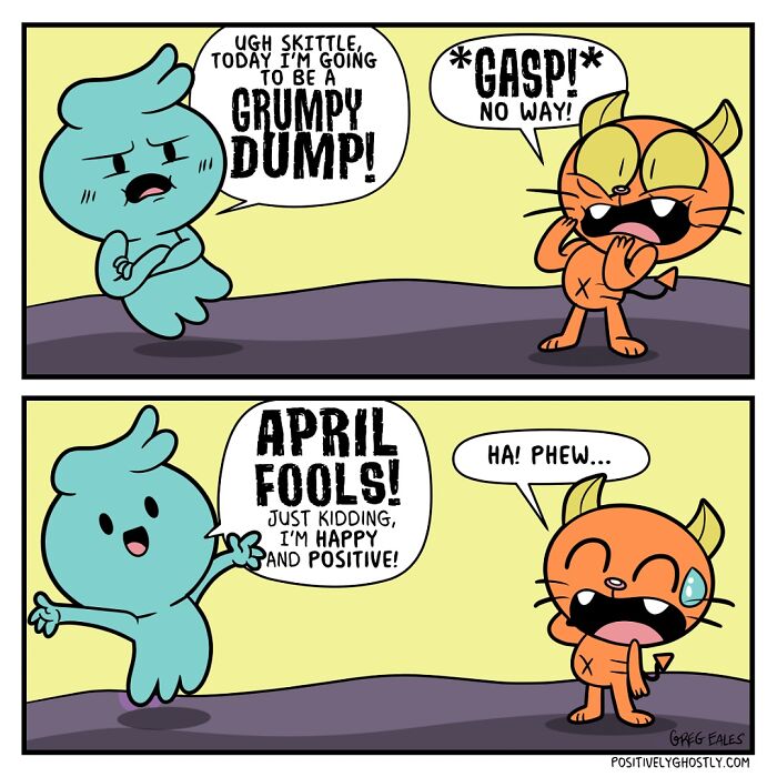 Comic panels featuring ghost Oliver playfully talking to an orange cat, showcasing comics about a ghost helping others in the afterlife.